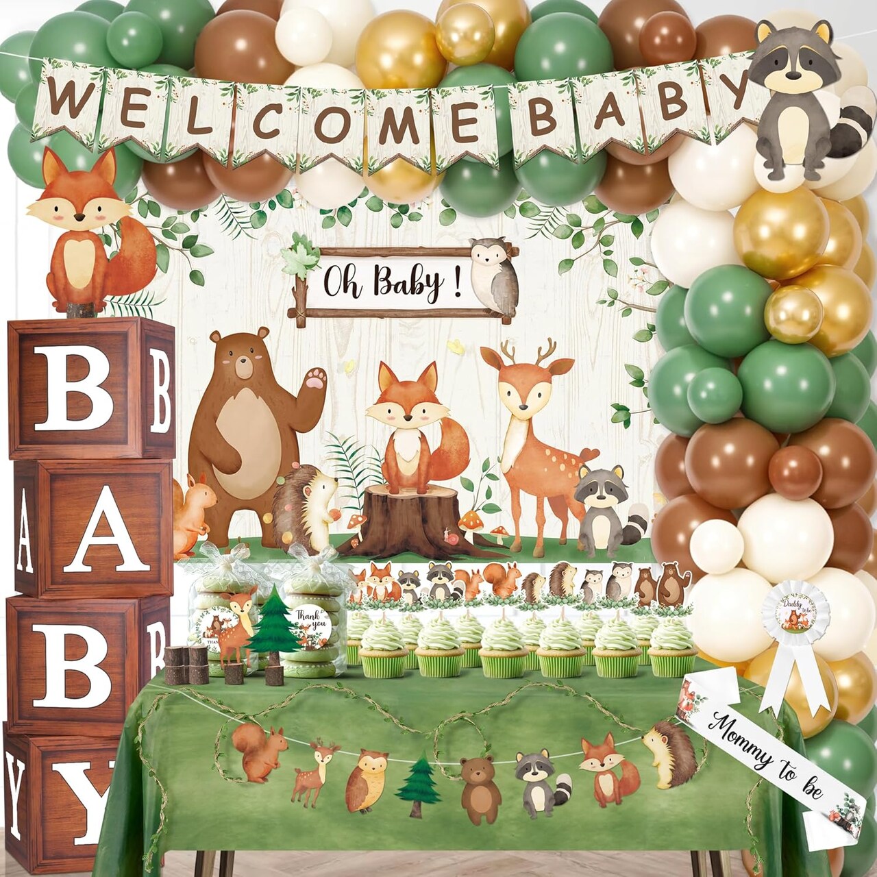 130pcs Woodland Baby Shower Decorations Safari Baby Shower Decorations for Gender Neutral Celebration with Balloon Garlands,Welcome Baby Banner, Baby Boxes and Tabletop Decor